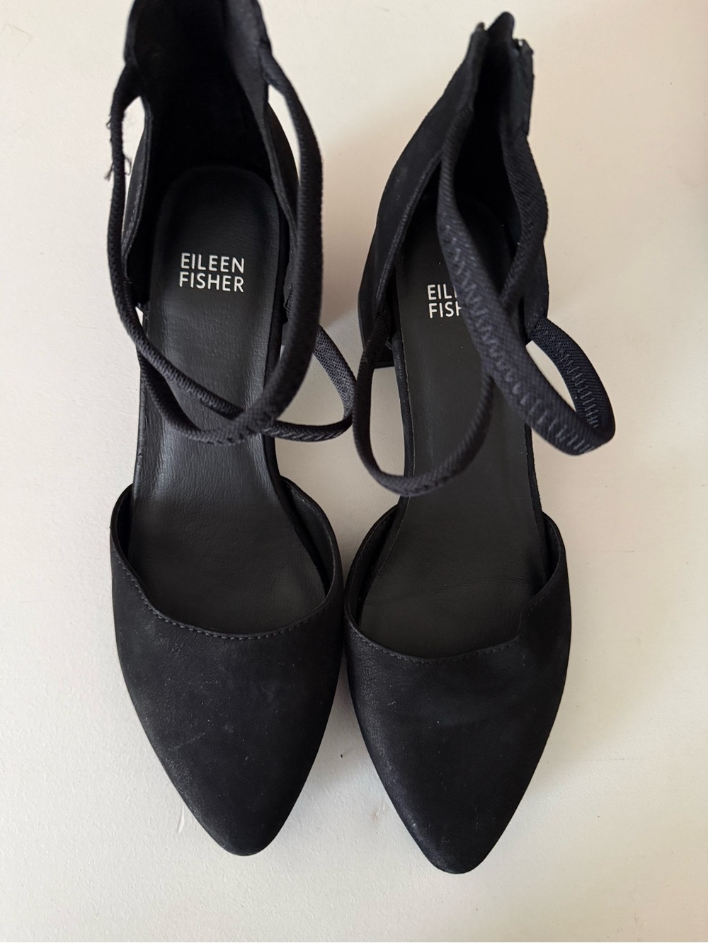 Eileen Fisher Black Suede Pointed Toe Ankle Tie Pumps